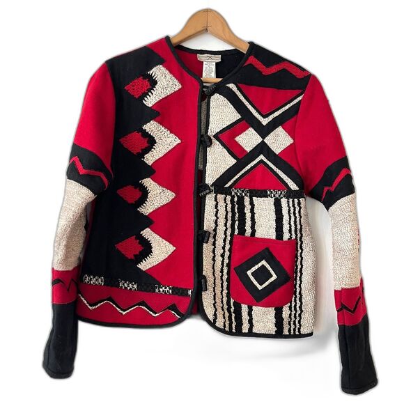 Coldwater Creek Vintage Mixed Fabric Crochet Geometric Wool Jacket Toggle Medium - Picture 1 of 6